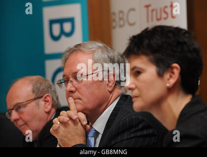 Sir Michael Lyons (centre), Chairman of the BBC Trust, with BBC Trustees Richard Tait (left) and Diane Coyle at a news conference at Broadcasting House in London today where they discussed their findings on the Jonathan Ross and Russell Brand phone call incident. Stock Photo