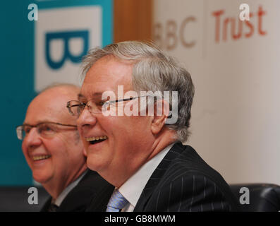 Sir Michael Lyons (right), Chairman of the BBC Trust, with BBC Trustee Richard Tait, at a news conference at Broadcasting House in London where they discussed their findings on the Jonathan Ross and Russell Brand phone call incident. Stock Photo