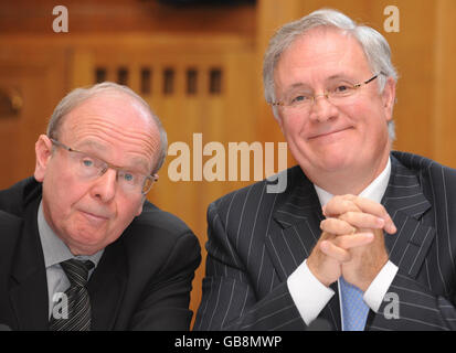 Sir Michael Lyons (right), Chairman of the BBC Trust, with BBC Trustee Richard Tait, at a news conference at Broadcasting House in London where they discussed their findings on the Jonathan Ross and Russell Brand phone call incident. Stock Photo