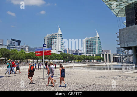 LISBON, PORTUGAL - JUNE 16, 2015: Modern buildings near Tagus river and Lisbon Oceanarium at Park of Nations in Portugal, Lisbon Stock Photo