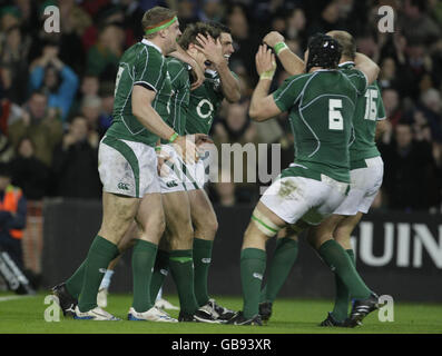 Ireland's Tommy Bowe celebrates after he scores a try during the Guinness Series 2008 match at Croke Park, Dublin, Ireland. Stock Photo