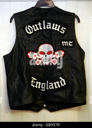 An 'Outlaw' biker's jacket shown by Warwickshire Police, which was among evidence collected during the prosecution of those accused of the murder of biker Gerry Tobin on the M40 motorway, on November 5. Stock Photo
