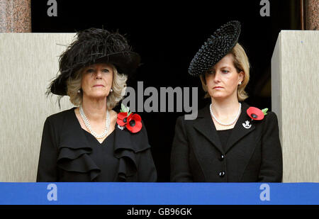 The Duchess of Cornwall (left) and the Countess of Wessex watch the Remembrance day service and parade from a balcony of the Foreign and Commonwealth office in Whitehall, London. Stock Photo