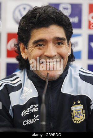 Argentina coach Diego Maradona during a press conference at the Radisson Hotel in Glasgow. Stock Photo