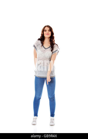 Young student woman pointing down Stock Photo