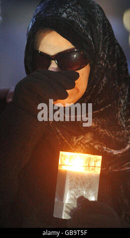 Aisha Al Megrahi, wife of the Lockerbie bomber, Adbeldbaset Ali Mohmed Al Megrahi pictured during a candle-lit vigil to highlight alleged miscarriages of justice outside the Scottish Parliament in Edinburgh. Stock Photo