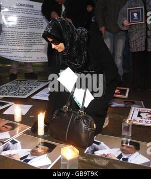 Aisha Al Megrahi, wife of the Lockerbie bomber Adbeldbaset Ali Mohmed Al Megrahi during a candle-lit vigil to highlight alleged miscarriages of justice outside the Scottish Parliament in Edinburgh. Stock Photo