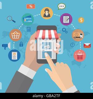 Online shopping with man holding smartphone and e-commerce icons on global map background Stock Vector
