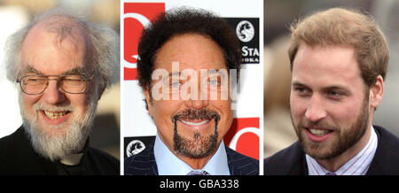 Undated file photos of (from left) The Archbishop of Canterbury Dr Rowan Williams, Sir Tom Jones and Prince William. Dr Williams and Jones are joint winners of the Beard of Year Award organised by the Beard Liberation Front, with Prince William as runner-up. Stock Photo