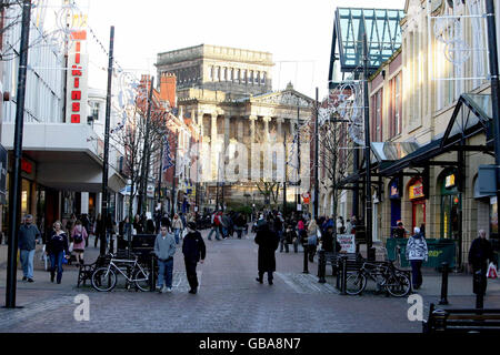 General view of the Friargate area of Preston City Centre where new signs have been placed onto lamposts, one of which encourages people to stop swearing in public areas. Stock Photo