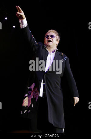 Elton John performing on stage during his 'Red Piano' tour at the O2 Arena in London.