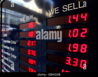 An exchange rate display in a Bureau De Change on Oxford Street, London. Stock Photo