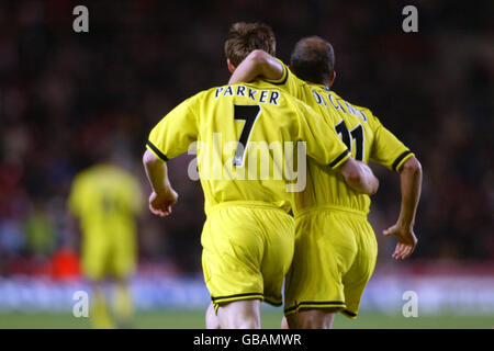 Charlton Athletic's Scott Parker (l) celebrates his goal with Paolo Di Canio (r) Stock Photo