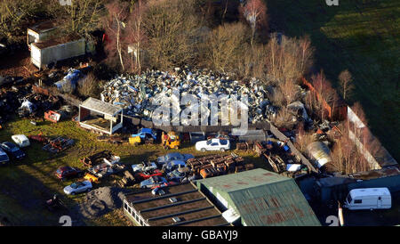 An aerial view showing part of the wreckage of Pan Am Flight 103 which