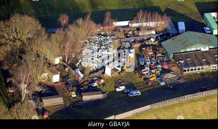 An aerial view showing part of the wreckage of Pan Am Flight 103 which is now kept in the corner of a salvage yard near Tattershall, Lincolnshire. Stock Photo