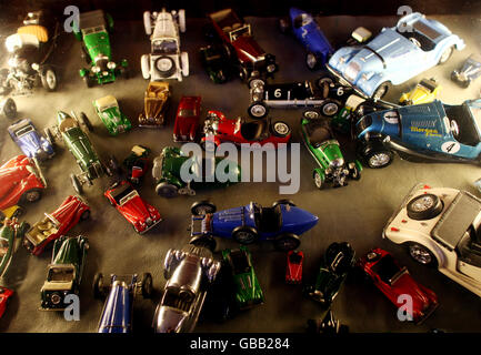 Stock, Morgan Car Factory. Toy Morgan cars on display in the show room Stock Photo