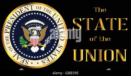 A depiction of the seal of the president of the United States of America with the text The State Of The Union Stock Vector