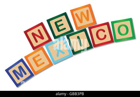 A collection of wooden block letters spelling New Mexico over a white background Stock Vector