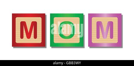 A collection of wooden block letters spelling the word MOM Stock Vector