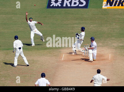 England's Andrew Strauss bats during the fourth day of the First Test Match at the M. A. Chidambaram Stadium in Chennai, India. Stock Photo