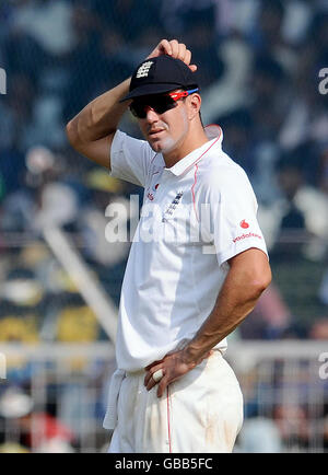 England's Kevin Pietersen looks-on during the fifth day of the First Test Match at the M. A. Chidambaram Stadium in Chennai, India. Stock Photo