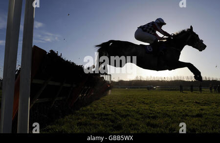 Runners and riders including Lunces Lad jumps the last fence first time around in the First Great Western Maiden Hurdle at Newbury Racecourse, Berkshire. Stock Photo