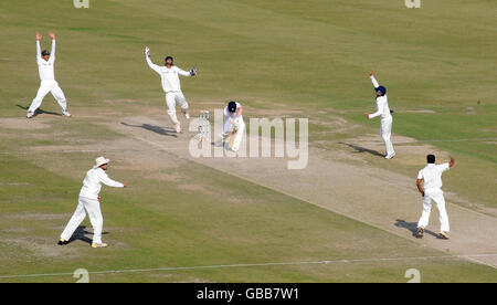 India's Amit Mishra celebrates after MS Dhoni caught England's Paul Collingwood for 11 during the third day of the second test at the Punjab Cricket Association Stadium, Mohali, India. Stock Photo