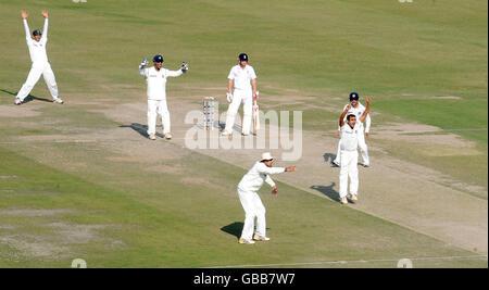 India's Amit Mishra celebrates after MS Dhoni caught England's Paul Collingwood for 11 during the third day of the second test at the Punjab Cricket Association Stadium, Mohali, India. Stock Photo