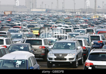 Sales of new cars slump. New cars waiting on the docks near Sheerness in Kent. Stock Photo