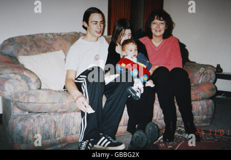 Undated collect photograph of terminally ill multiple sclerosis (MS) sufferer Val Mackay, who wants the right to die, with her son Robert Turner, his wife Michelle Turner and her grandson Matthew. Stock Photo
