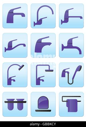 Water taps and bathroom accessories icons set - vector illustration Stock Vector