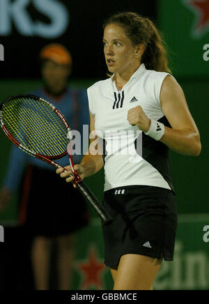 Patty Schnyder of Switzerland celebrates a winning point during her match against Kim Clijsters of Belgium Stock Photo