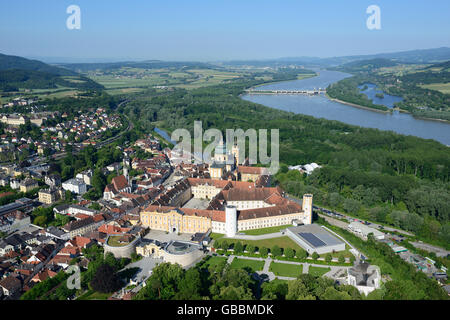 AERIAL VIEW. Melk Abbey overlooking the Danube River. Melk, Lower Austria, Austria. Stock Photo