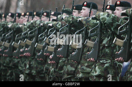 Defence Minister Willie O'Dea reviews 400 troops from the 99 Infantry Battalion bound for troubled African state Chad at McKee Barracks in Dublin today. Stock Photo