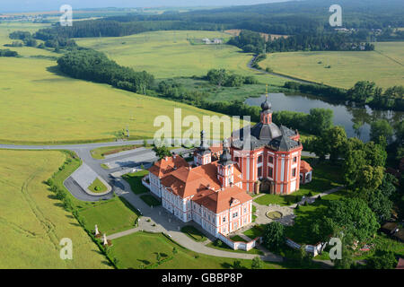 AERIAL VIEW. Religious edifice of Mariánská Týnice. Královice, District of Plzeň-North, Bohemia, Czech Republic. Stock Photo