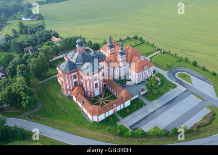 AERIAL VIEW. Religious edifice of Mariánská Týnice. Královice, District of Plzeň-North, Bohemia, Czech Republic. Stock Photo