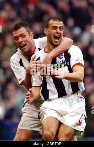 West Bromwich Albion's Neil Clement (r) celebrates scoring the opening goal with teammate Geoff Horsfield Stock Photo