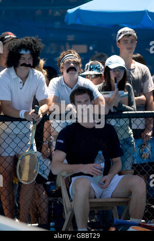 Great Britain's Andy Murray takes a break from practicing during the Australian Open 2009 at Melbourne Park, Melbourne, Australia. Stock Photo
