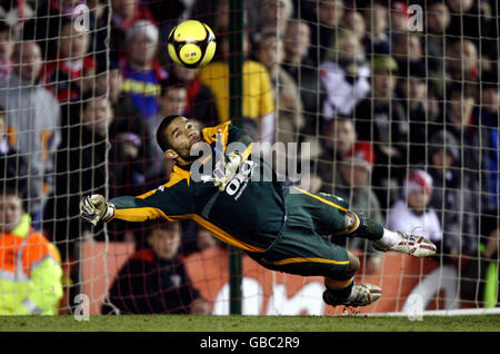 Portsmouth's David James saves a penalty from Bristol City's Nicky Maynard during the FA Cup Third Round Replay at Ashton Gate, Bristol. Stock Photo