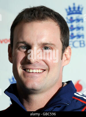 England captain Andrew Strauss speaks to the media during a press conference at the Hilton London Gatwick Hotel in London. Stock Photo