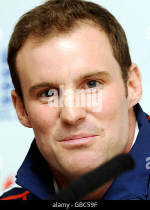 England captain Andrew Strauss speaks to the media during a press conference at the Hilton London Gatwick Hotel in London. Stock Photo