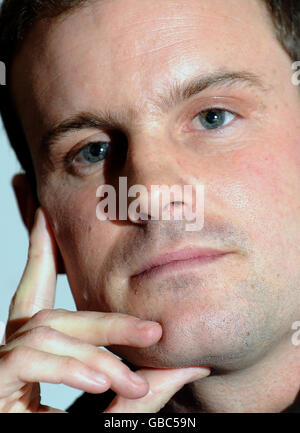 England captain Andrew Strauss speaks to the media during a press conference at the Hilton London Gatwick Hotel in London. Stock Photo