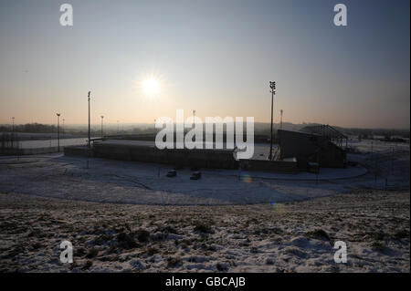 Winter weather. Northampton Town's Sixfields Stadium in the snow. Stock Photo