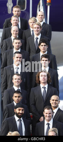 England's (from bottom left up) Monty Panesar, Adil Rashid, Graeme Swann, Kevin Pietersen, Steve Harmison, Tim Ambrose, Paul Collingwood, and Andrew Flintoff, (from bottom right up) Andrew Strauss, Owais Shah, Ryan Sidebottom, James Anderson, Alastair Cook, Stuart Broad, Ian Bell and Matt Prior at Gatwick Airport, London. Stock Photo