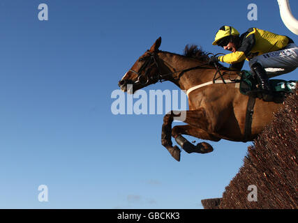 Horse Racing - Festival Trials Day - Cheltenham Racecourse. Jockey William Kennedy on The Sawyer jumps the last fence in the betchronicle.com Trophy Steeple Chase Stock Photo