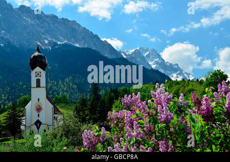 Village church, Waxenstein, Zugspitze, Grainau, Garmisch-Partenkirchen, Loisach Valley, Bavaria, Germany / Zugspitzland Stock Photo