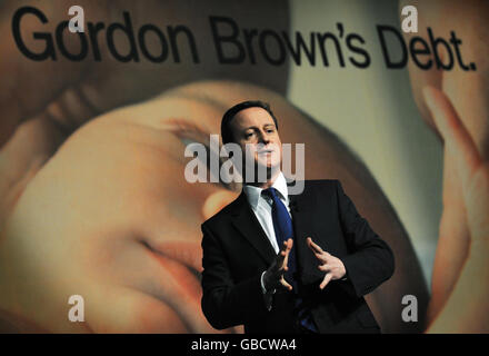 Conservative Party leader David Cameron speaks at the launch of a campaign to 'highlight the debt crisis caused by the Labour government' in London today. Stock Photo