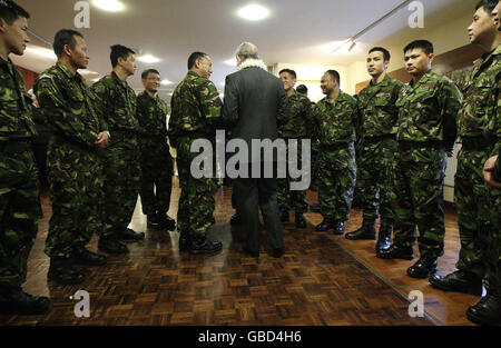 The Prince of Wales (centre) talks to soldiers during a visit to Kent, where he met families of the 2nd Battalion The Royal Gurkha Rifles (2 RGR), stationed at Sir John Moore Barracks in Folkestone. Stock Photo