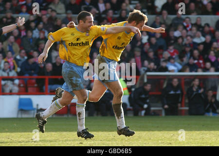 Crystal Palace's Danny Granville celebrates scoring their second goal with teammate Michael Hughes (l) Stock Photo