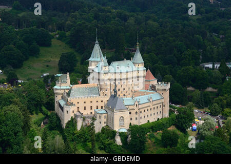 AERIAL VIEW. Bojnice Castle. Prievidza, Trenčín Region, Slovakia. Stock Photo